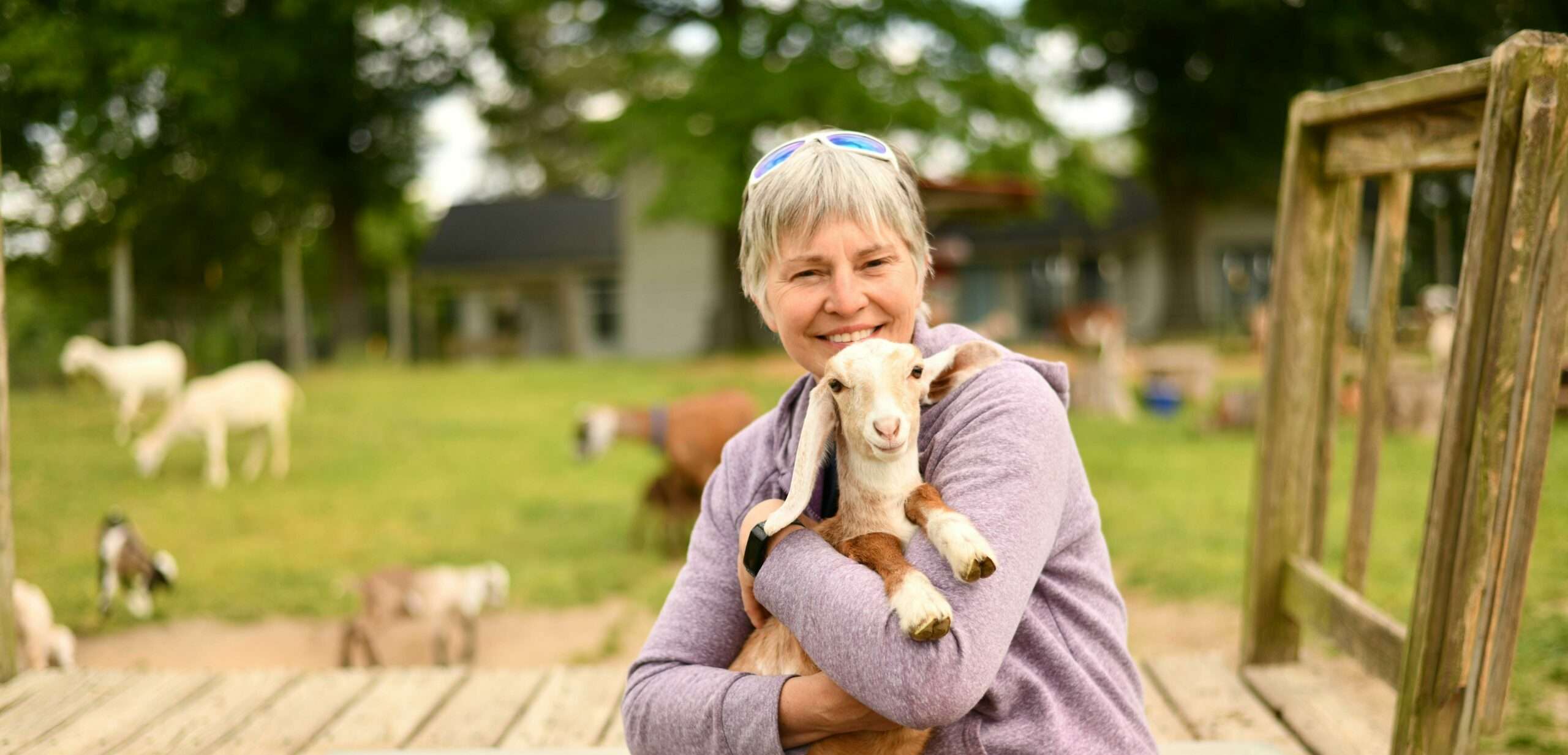 Join Our Herd image of Evelyn holding baby goat