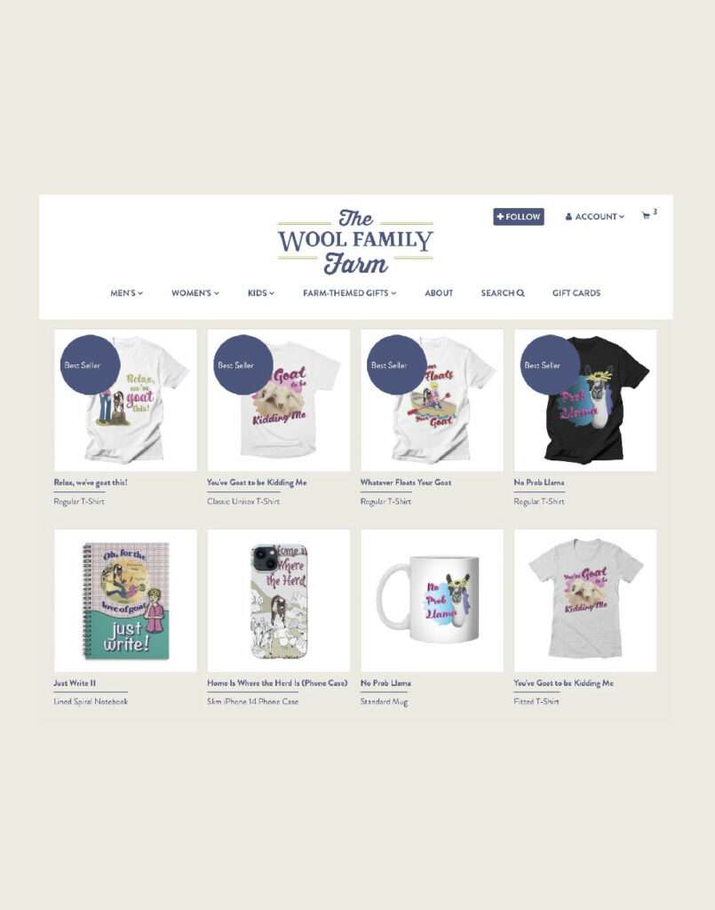 Items for sale at The Wool Family Farm's Threadless shop.