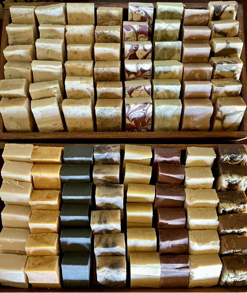 The Wool Family Farm's tray of goat milk soap bars.