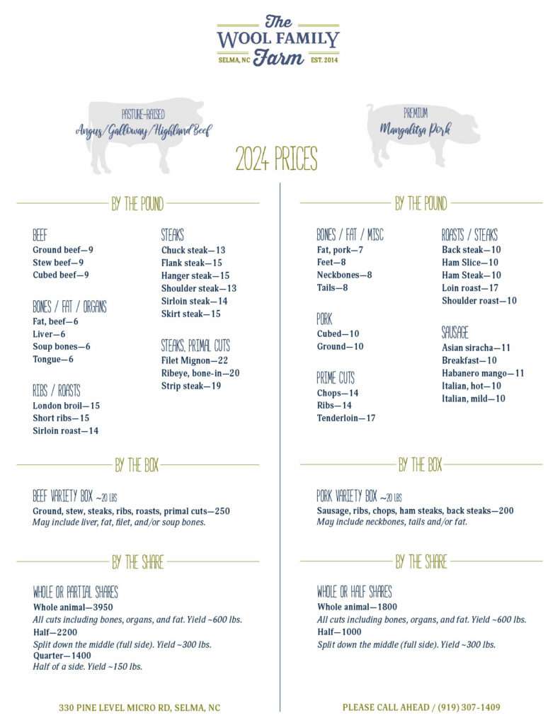 Beef and pork price list for 2024.